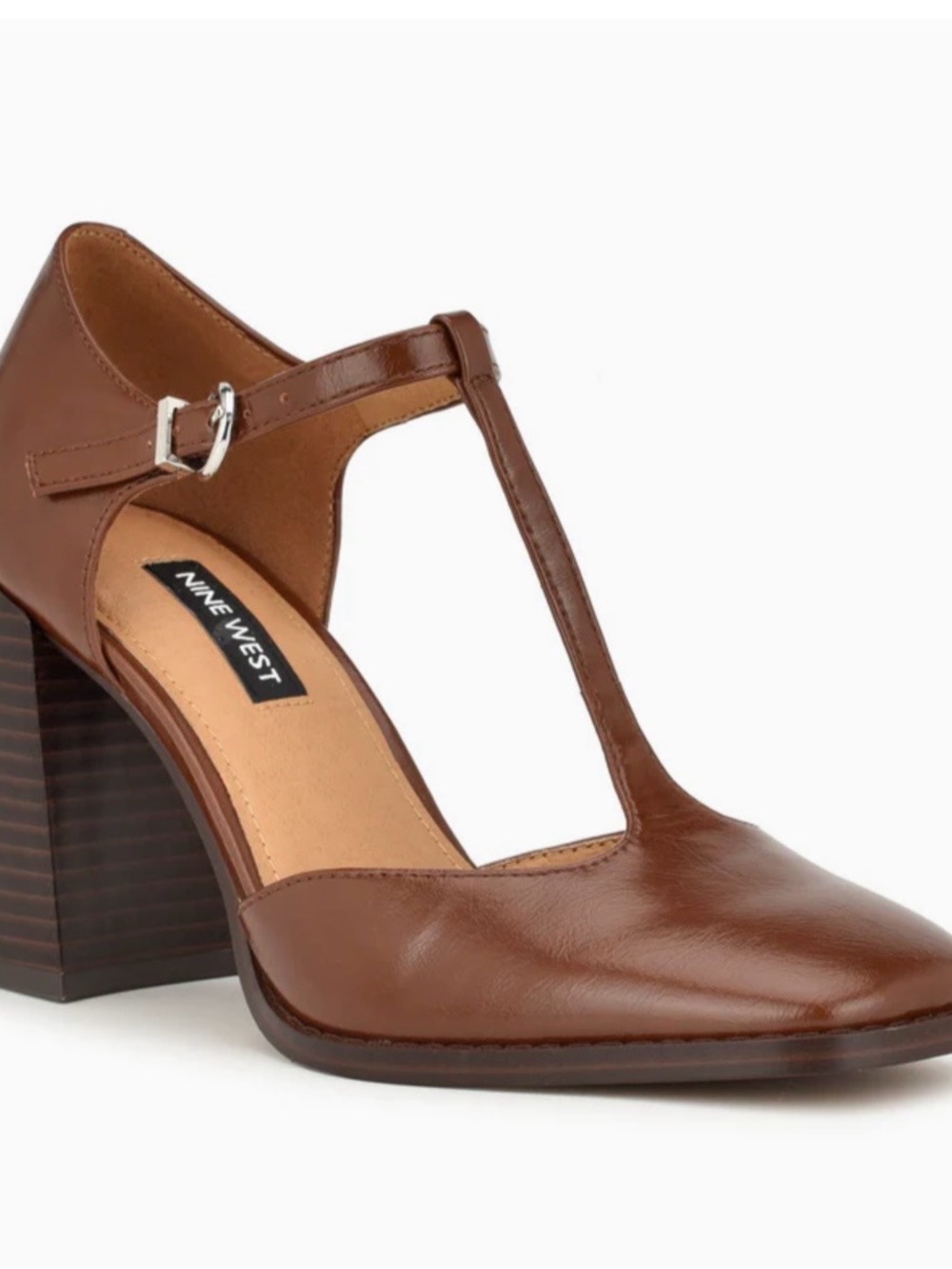 Nine West Brown T-Strap Block Heel Pump